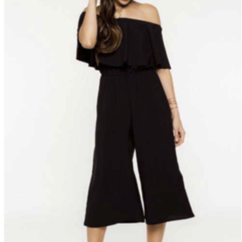 Everly Off-the-Shoulder Ruffled Straight Leg Black Cropped Romper Sz S - NWOT